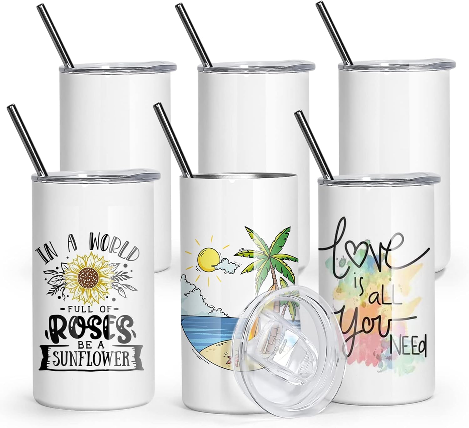sweet grain 12 oz Sublimation Tumblers Stainless Steel Straight Double Wall Vacuum 6 Pack White Kids Sublimation Tumblers Blanks with Lids and Straws for DIY Gift, Coffee, Tea, Beverage