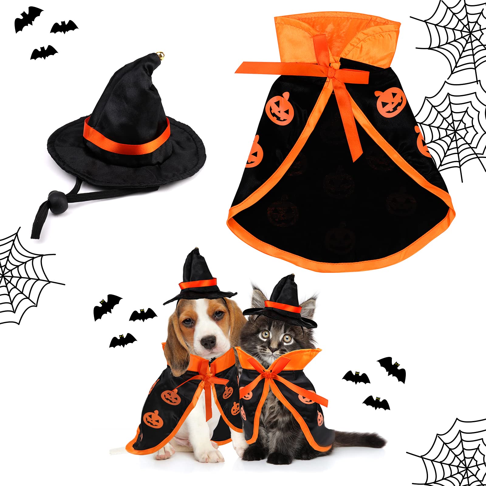 Cute Pet Halloween Wizard Costume with Hat, Cats Small Dogs Soft Clothes Outfit Witch Cape, Pets Costume Apparel Cosplay Clothes for Cats Dogs Kitten Puppy Small Animals, for Halloween Magic Cosplay