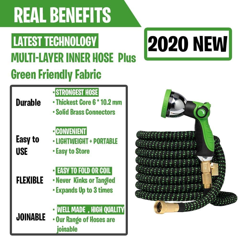 GreenFriendlyHome Garden Hose Expandable Hose - Flexible Water Hose Expanding | Strongest Hose Fabric + Multi Latex Core | Solid Brass Fittings Metal Nozzle (50FT) : Garden & Outdoor