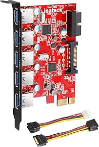 Inateck PCI-E to USB 3.0 (5 Ports) PCI Express Card and 15-Pin Power Connector, Red (KT5001)