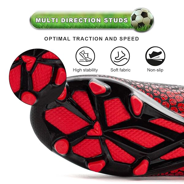 RUNIC KIDS SOCCER CLEATS FOR BOYS AND GIRLS – SMALL AND BIG KID ATHLETIC OUTDOOR FOOTBALL SHOES – FIRM GROUND – HOOK AND LOOP CLOSURE – BLACK/RED – 1
