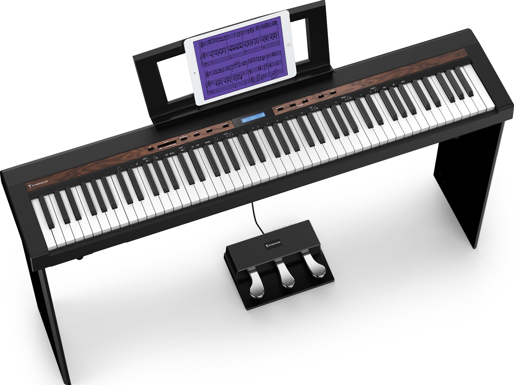 Starfavor SP-150W with Stand Digital Piano with Pedal, 88 Key Weighted Keyboard with Hammer Action,2x30W Speakers,200 Rhythms,238 Tones, Wood Grain Pattern, MIDI/USB