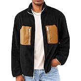 Yousify Mens Fuzzy Sherpa Jacket Casual Fleece Full Zip Stand Collar Coat Fall Winter Warm Outwear