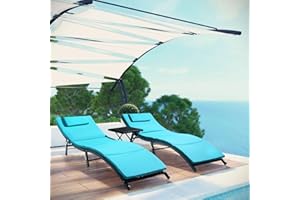 VICTONE Lounge Chairs for Outside, 3 Pieces Patio Chaise Set Outdoor Poolside PE Rattan Reclining Chair with Cushion and Folding Table (Blue)