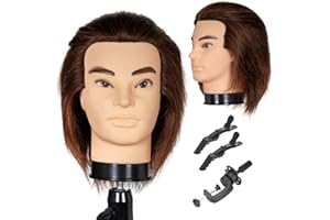 EUMOS Male Mannequin Head with Human Hair 12'' Barber Mannequin Head 100% Training Head for Hair Cutting Styling Practice Head for Hairdresser with Clamp Stand (Brown)