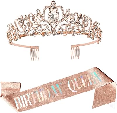 Leixi Birthday Queen Sash & Rhinestone Tiara Set Rose Gold