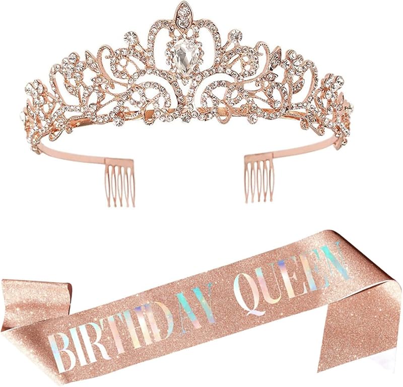 Leixi Birthday Queen Sash & Rhinestone Tiara Set Rose Gold