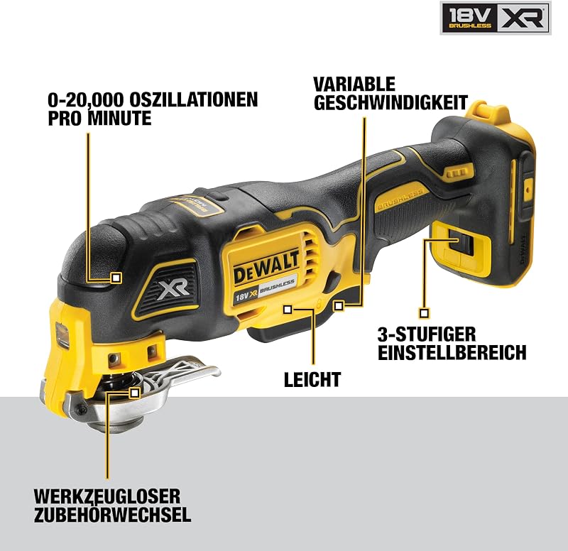 18V oszillierendes Akku Multi Tool DCS356NT(Basisversion), Bürstenlos, Mit Tiefen und Seitenanschlag, LED Licht, Inkl Tstak Box II, Ohne Akku und Ladegerät, Schwarz/Gelb