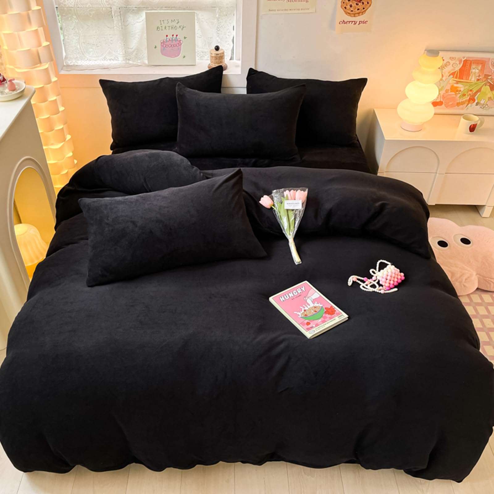 ZIQINPSQ Velvet Duvet Cover Set,Solid Flannel Comforter Cover 3Pcs Ultra Soft Fuzzy Cover with Zipper Closure Corner Tie. (Black, Double)