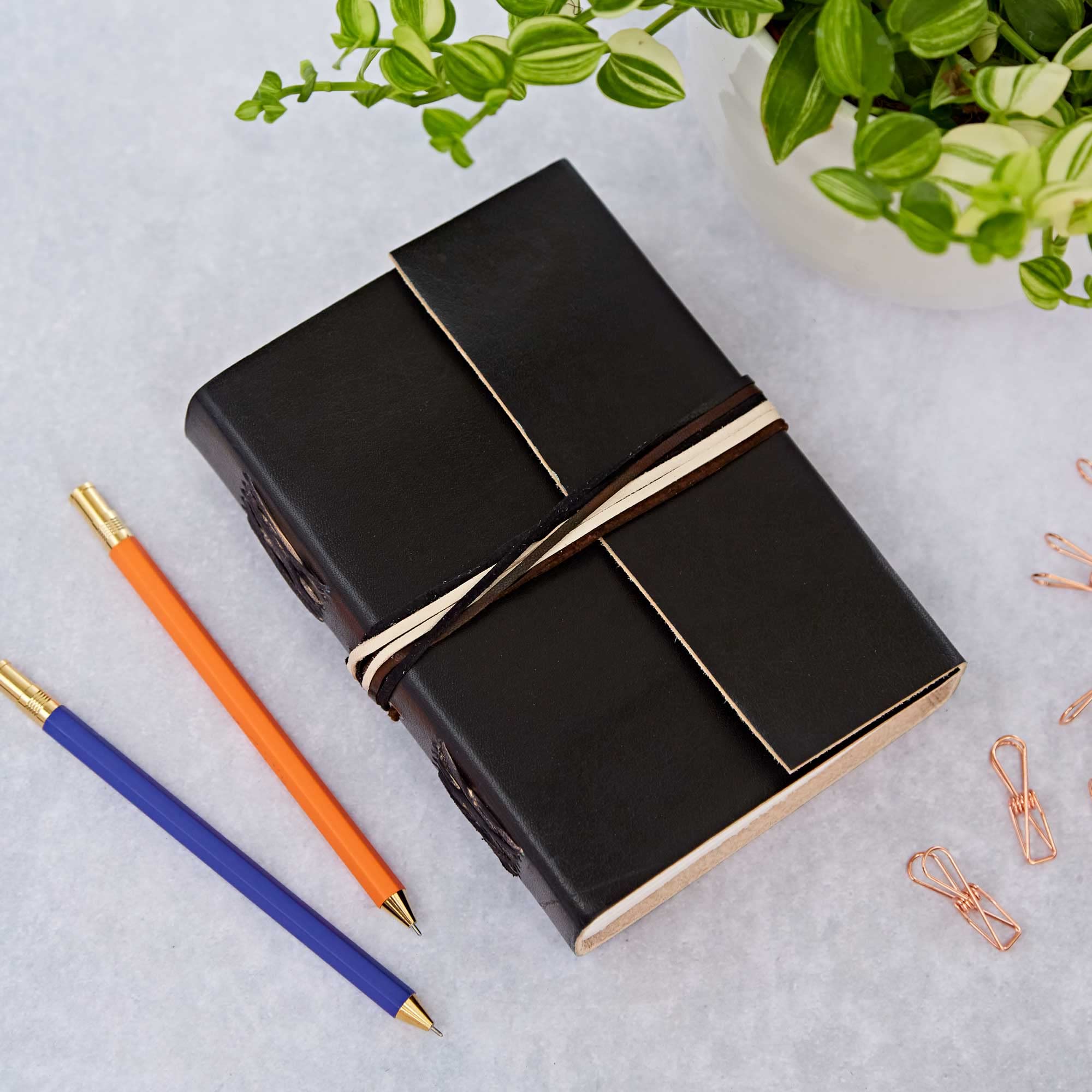 Handmade 3-String Black Leather Journal | Plain Recycled Paper | 11cm x 16cm | Fair Trade & Eco Friendly Leather Bound Notebook Alternative for Men and Women