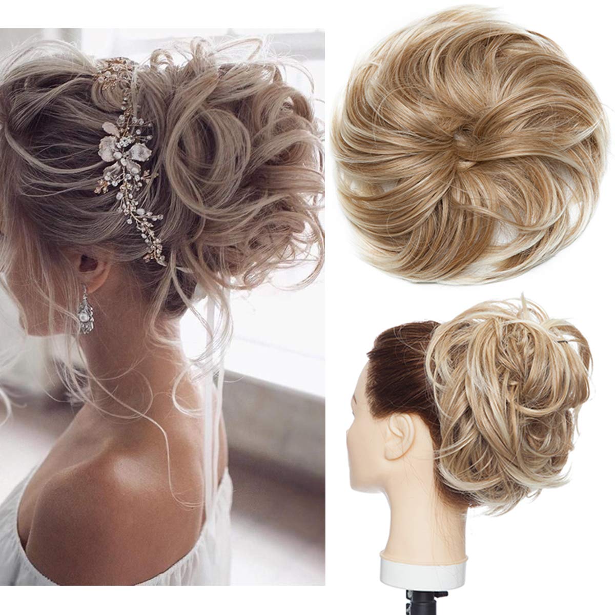 Tousled Updo Messy Bun Hair Piece Hair Extension Ponytail With Elastic Rubber Band Updo Extensions Synthetic Hair Extensions Scrunchies Ponytail Hairpiece for Women Sandy brown to bleach blonde