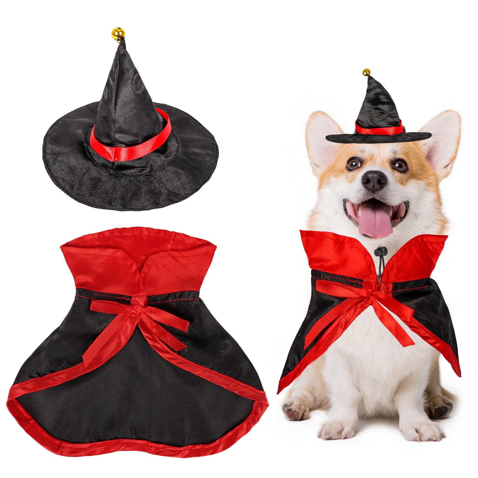 Pet Wizard Costume Cape with Adjustable Witch Hat for Small Medium Dogs Cats - Halloween & Christmas Outfits (Red, S)