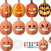 Zubebe 9 Pcs Halloween Clay Ceramic Pumpkin Paint Kit, Terracotta, Funny | Unpainted Bisque Pumpkins with Palette Brush, Jack-o'-lantern Votive Holders for Fall Decor, DIY Painting Craft Project