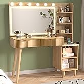 SFDOU Gold 40Inch Fluted Makeup Vanity Desk with 32" Mirror and Lights, Modern Glass Top Large Vanity Table with 2 Drawers an