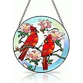 Stained Glass Window Hanging, Cardinals Suncatcher with Hook, Window, Garden Decoration, Red Bird Suncatchers for Women, Mom, Grandma, Teacher, Bird Lover (6 in)