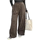 RoseSeek Women's Plus Size Leopard Corduroy Pants Wide Leg Elastic Waist Long Trousers with Pockets