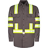 BOCOMAL FR Shirts High Visibility Button Down 7.5oz ANSI/ISEA Type O Class1 Flame Resistant Hi Vis Refective Safety Jacket