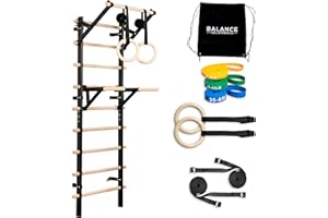 Balance Calisthenics Wood Stall Bar Swedish Ladder With Dip bars Pullup Bar Olympic rings resistance bands Suspension Trainer with 9 Strategic Rods, for Home, Gym, School and Clinics Stallbars Workout