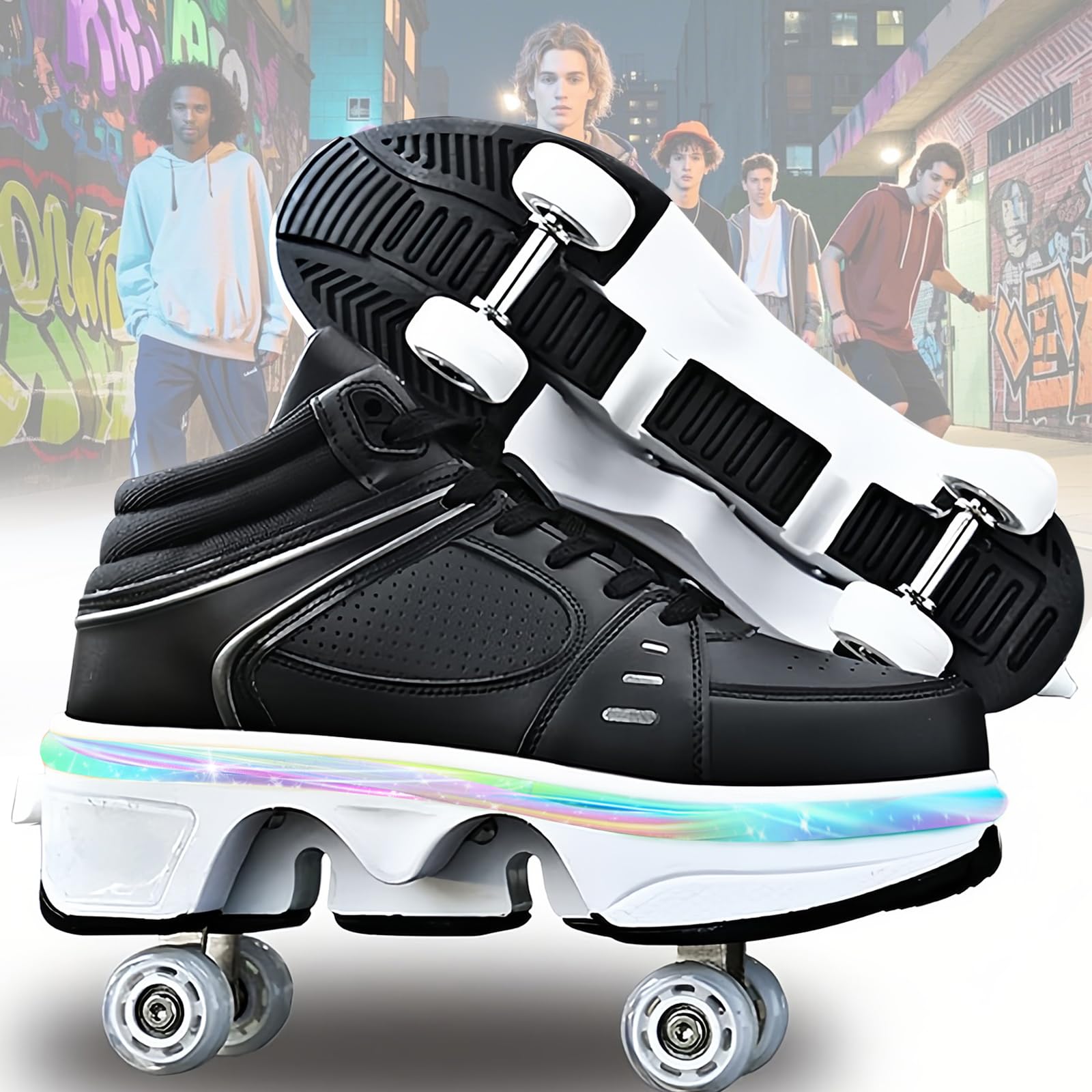 Rollerskates womens,Quad Kick Roller Skates for kids,LED Inline Skates Deformation Trainers for Adults Beginners,Sneakers with Invisible Wheel for boys (A, UK-6)
