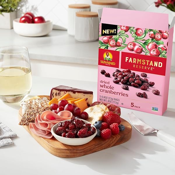 SUN-MAID FARMSTAND RESERVE WHOLE DRIED CRANBERRIES – (5 PACK) 0.8 OZ SNACK BAG – DRIED FRUIT SNACK FOR NATURAL SWEETENERS