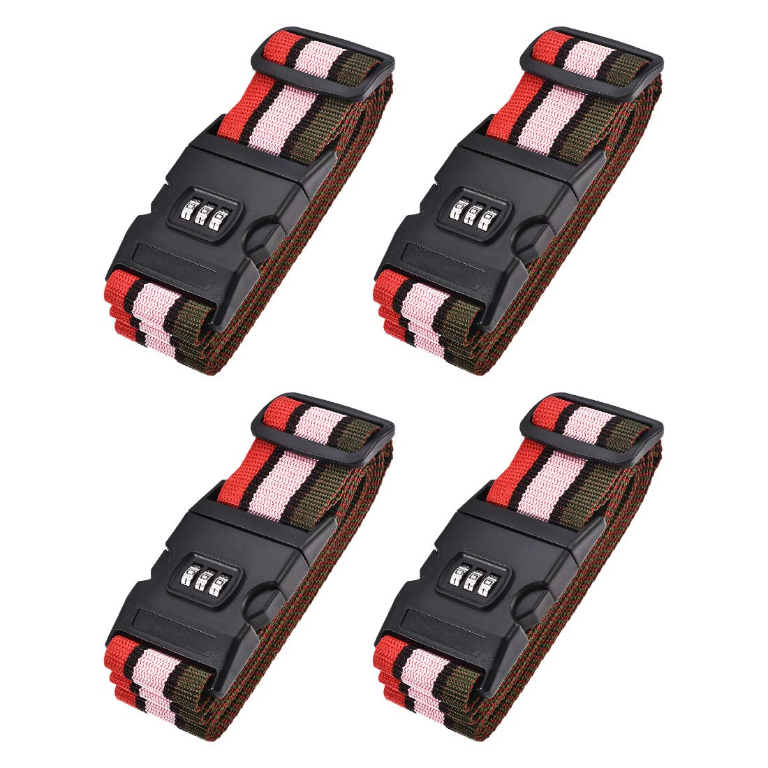 sourcing map Luggage Straps Suitcase Belts with Buckle, Combination Lock, 2Mx5cm Adjustable PP Travel Packing Accessories, Multi Color (Red Pink Dark Green) 4Pcs