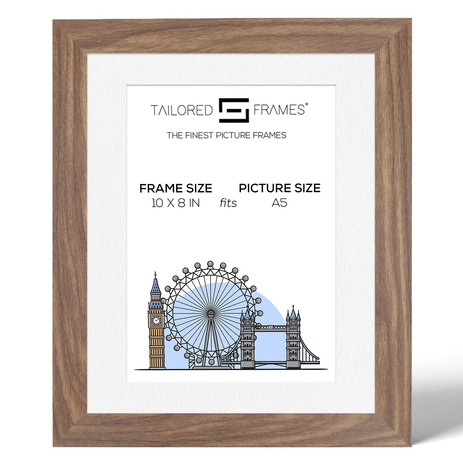 Tailored Frames Seattle Walnut 10" x 8" Frame for A5 Picture | Single Picture Frames | Table Top & Wall Hanging Type | Photo Frame With White Mount