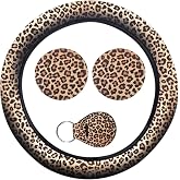 UHANBUT 4PCS Leopard Car Accessories Set, Fashion Anti-Slip 14-15 Inch Steering Wheel Cover with Cup Holder Coaster &amp; Quarter Keyring, Vehicle Interior Decorative Protector for Women (Leopard Print)