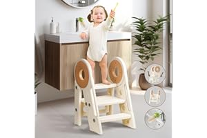 Noonkty Toddler Step Stool, 2-3 Step Foldable Kids Step Stool for Bathroom Sink, Non-Slip Toddler Stool Helper, Potty Training Toilet, Kids Stool Helper, Ages 18 Months to 3 Years (Cream)