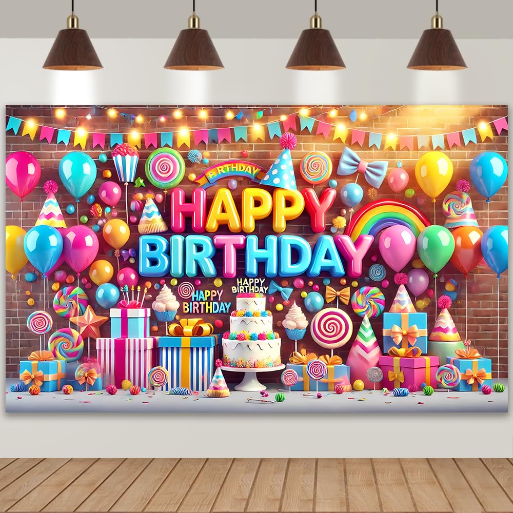 Photo 1 of Colorful Birthday Party Backdrop Bright Happy Birthday Banner Vivid Photography Background for Kids Teens Party Supplies 70.8 x 47.2 Inch