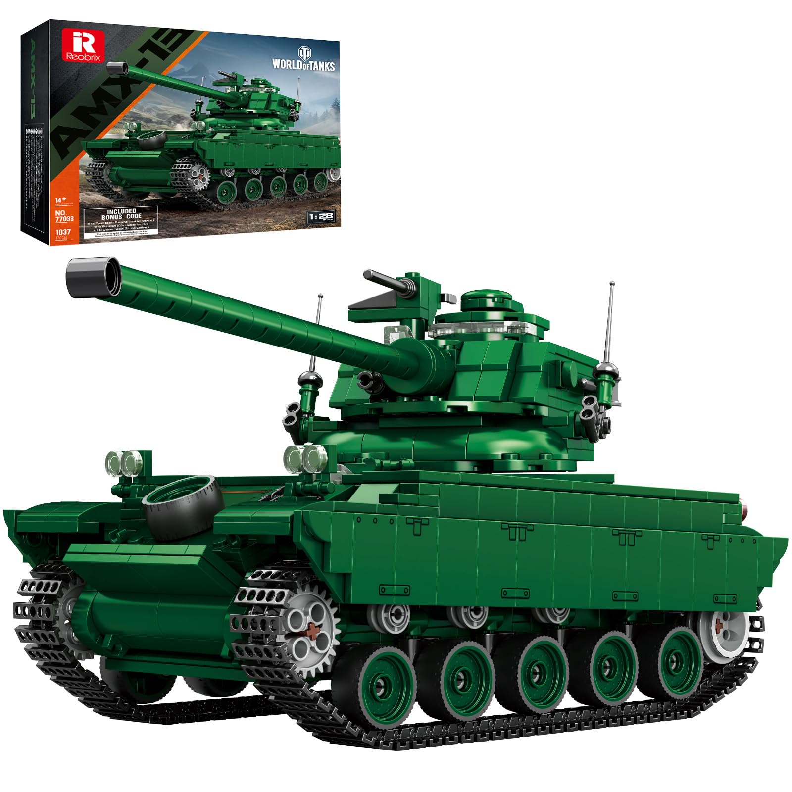 Reobrix Tank Building Toy Set for Adults, 1:28 Scale WW2 Military AMX-13 Light Armed Battle Tank, 77033 World of Tanks Licensed War Hobby Fans War Vehicle Gift for Boys Man (1037 PCS) — image 1