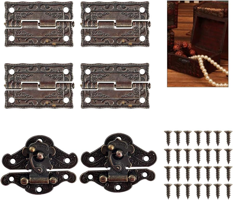 NAHUAA 2pcs Decorative Cabinet Jewelry Wooden Box Antique Embossing Hasp Latch Hasps and 4pcs Butterfly Shaped Mini Hinges with 28pcs Screw for Wooden Jewelry Box Cabinet Decorative, Bronze