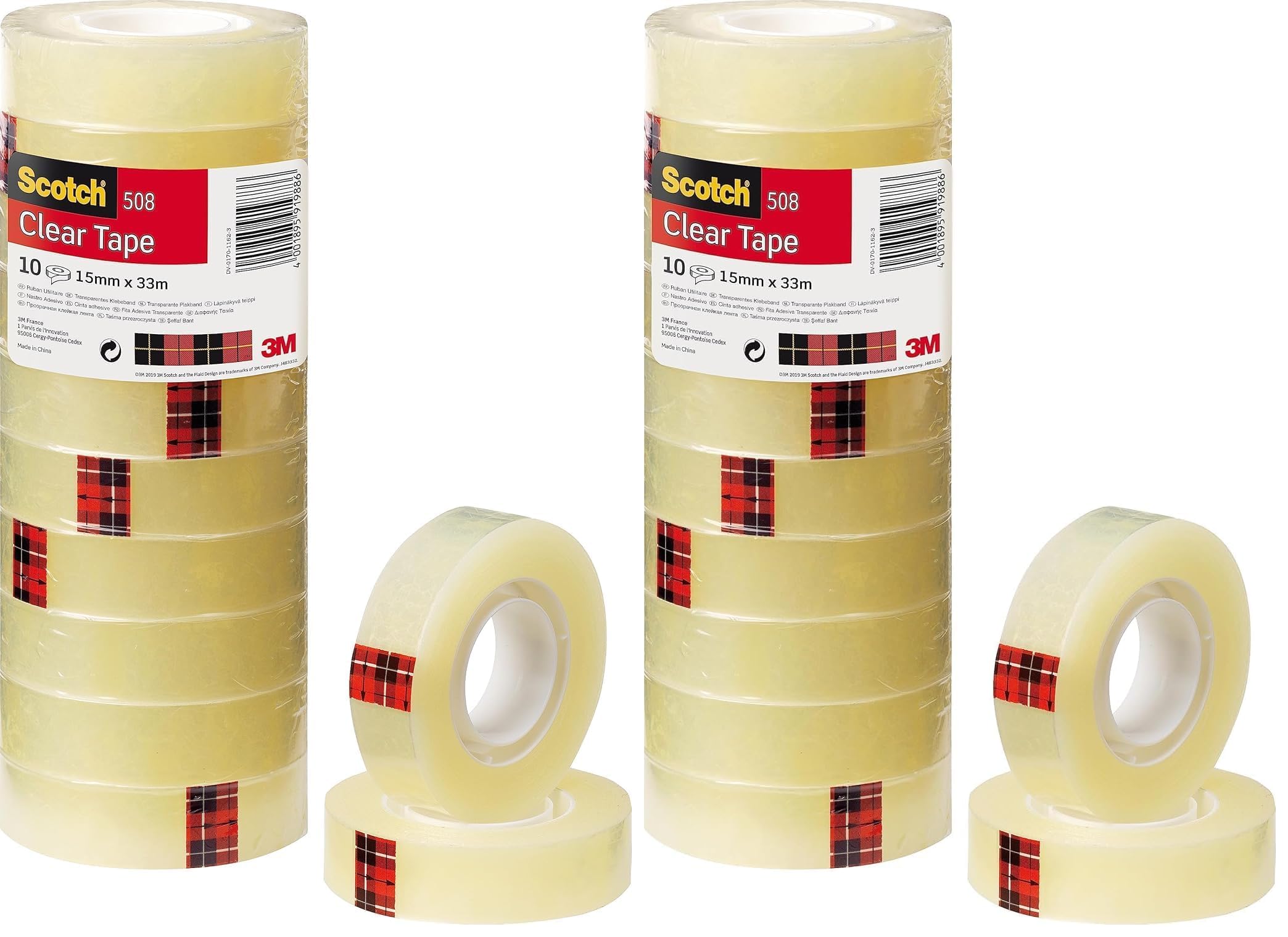 Scotch Transparent Tape 508-10 Rolls - 15 mm x 33 m - General Purpose Clear Tape for School, Home and Office (Pack of 2)