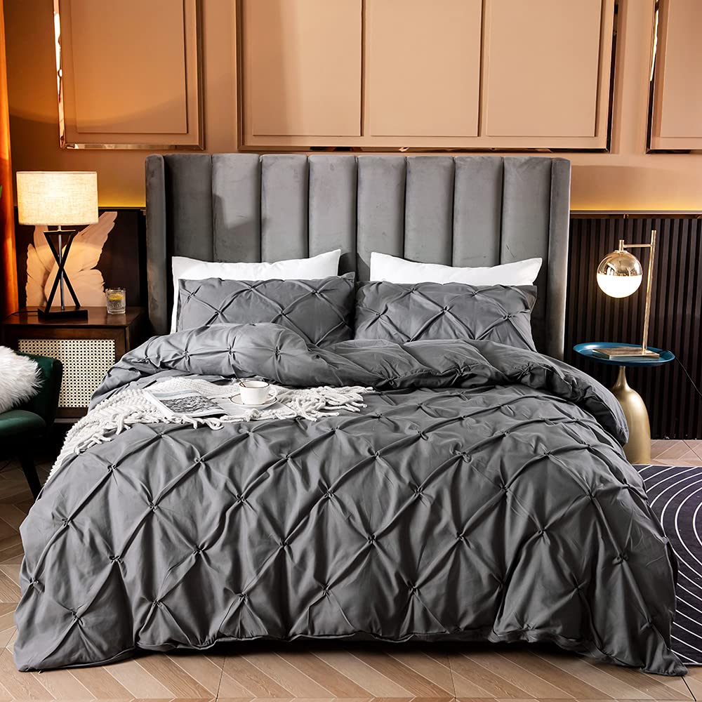 Pintuck Duvet Cover Set 【Charcoal】Pinch Pleated Quilt Cover bedding 600TC Ultra Soft Touch Silk Like Satin luxury premium quality Microfiber Wrinkle & Stain Resistant (King 230 x 220cm)