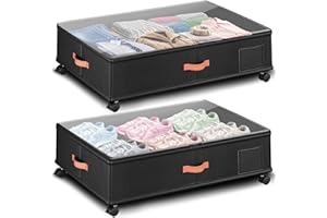 Tsinglax Under Bed Storage with Wheels 2-Pack – 66L XXL Larger Stackable Under Bed Storage Containers with Clear Window & Labels, Rolling Under Bed Drawers for Clothes, Shoes, Blankets (Dark Grey)