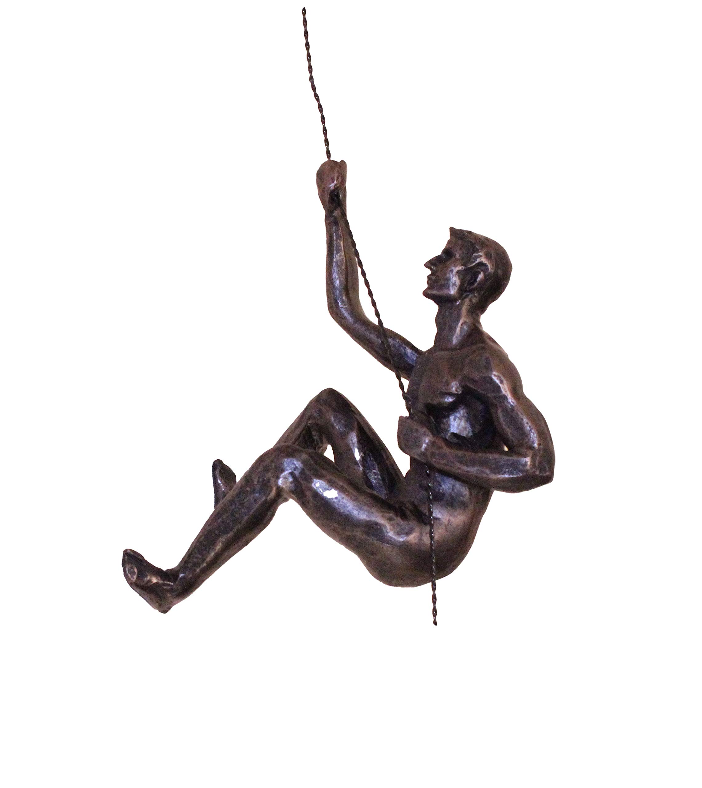1x Bronze Climber Right Arm Up Climbing Man with Rock Nail-Cap Wire Rope Wall Mounted Hanging Art Sculpture