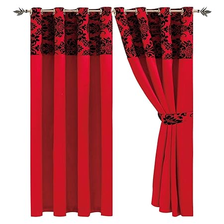 Silky Kelly Reddish Black Half Damask Floral Flock With Plain