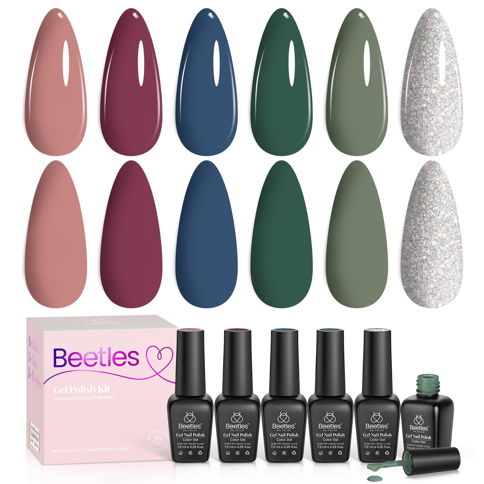 Beetles Gel Nail Polish Set 6 Colors Nude Green Blue Burgundy Purple Gel Nail Polish Kit Glitter Gel Nail Polish Soak Off Uv Lamp Salon Nail Art Design for Women