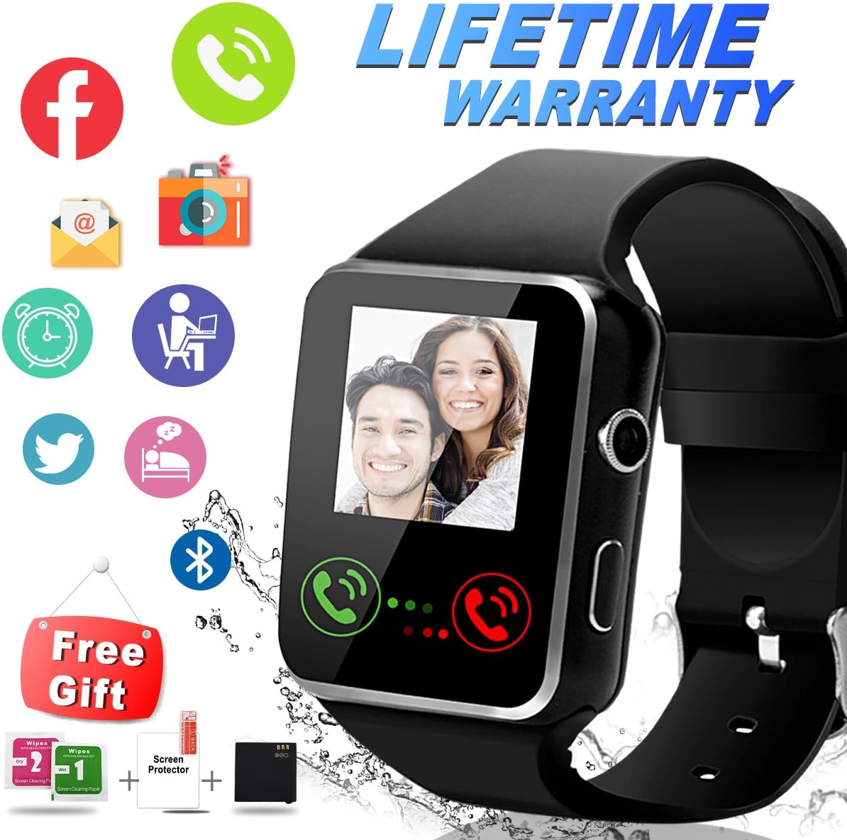 Bluetooth Smart Watch With Camera Sim Card Slot Touch Screen Smartwatch Unlocked Cell Phone Watch Sports Smart Wrist Watch For Android Phones Samsung Sony IOS (X-Black)