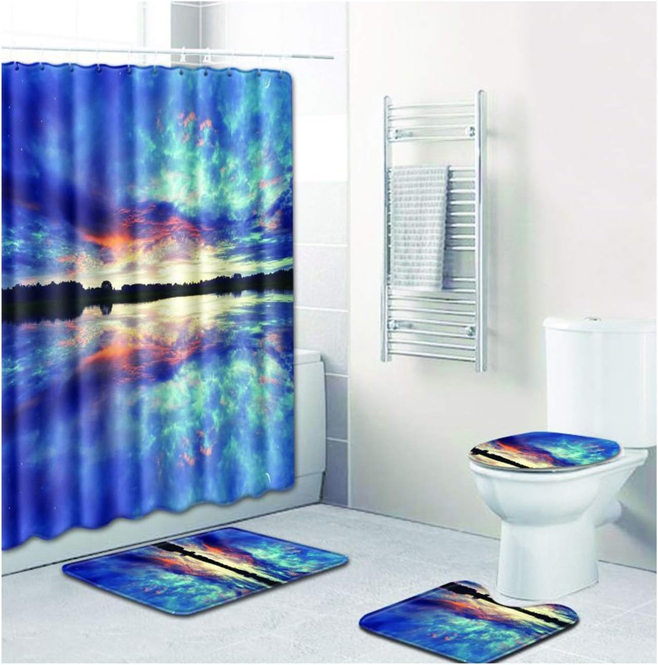 ROMQUEEN 4 Piece Shower Curtain Set Shower Curtain Jaws Bath Mats for Bathroom Black Pedestal Mat Reversible& Shower Curtain 180 * 180