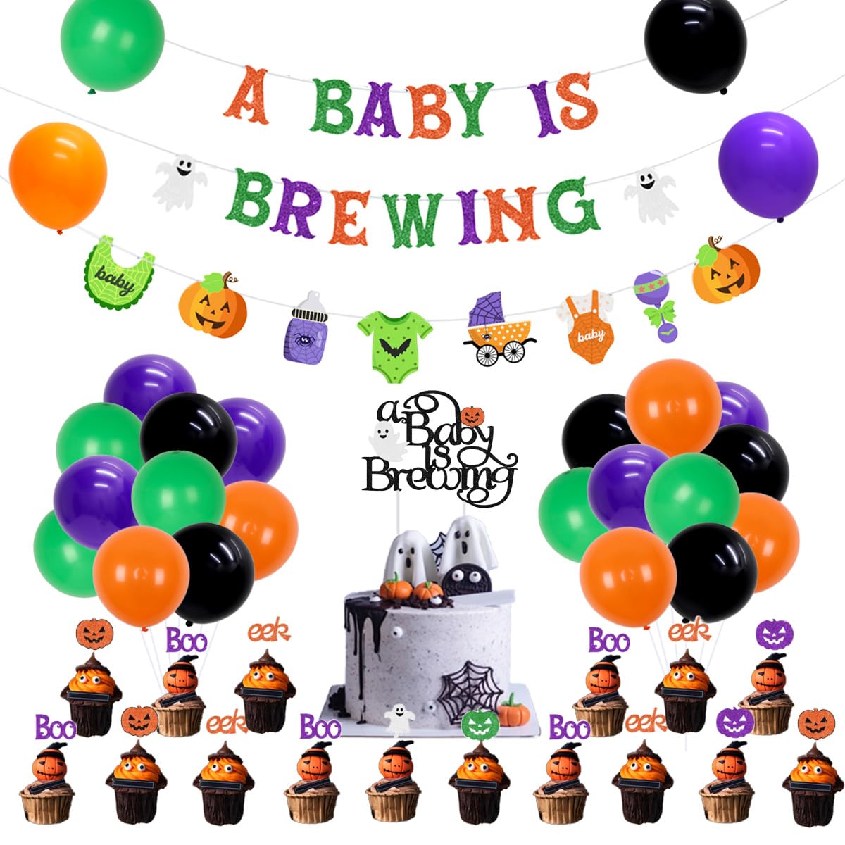 Kreatwow Halloween Baby Shower Decorations, A Baby Is Brewing Banner Glitter with Ghost Sign for Girl Boy, Halloween Theme Garland with Cake and Cupcake Topper Set A Baby is Brewing Baby Shower Decor