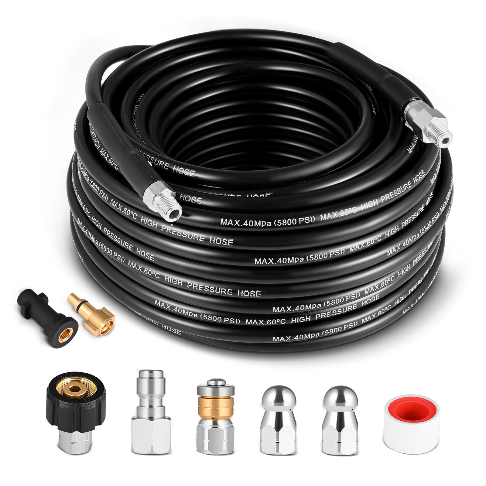 Hlieeosfcn 30M/100 FT Pressure Washer Hose,5800 PSI Pressure Washer Drain Pipe Hose Cleaning Kit with Jet Nozzle and Rotating Jet Nozzle,400 Bar Drain Jetting