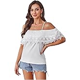 SweatyRocks Women's Off The Shoulder Spaghetti Strap Tops Short Sleeve Lace Trim Blouse