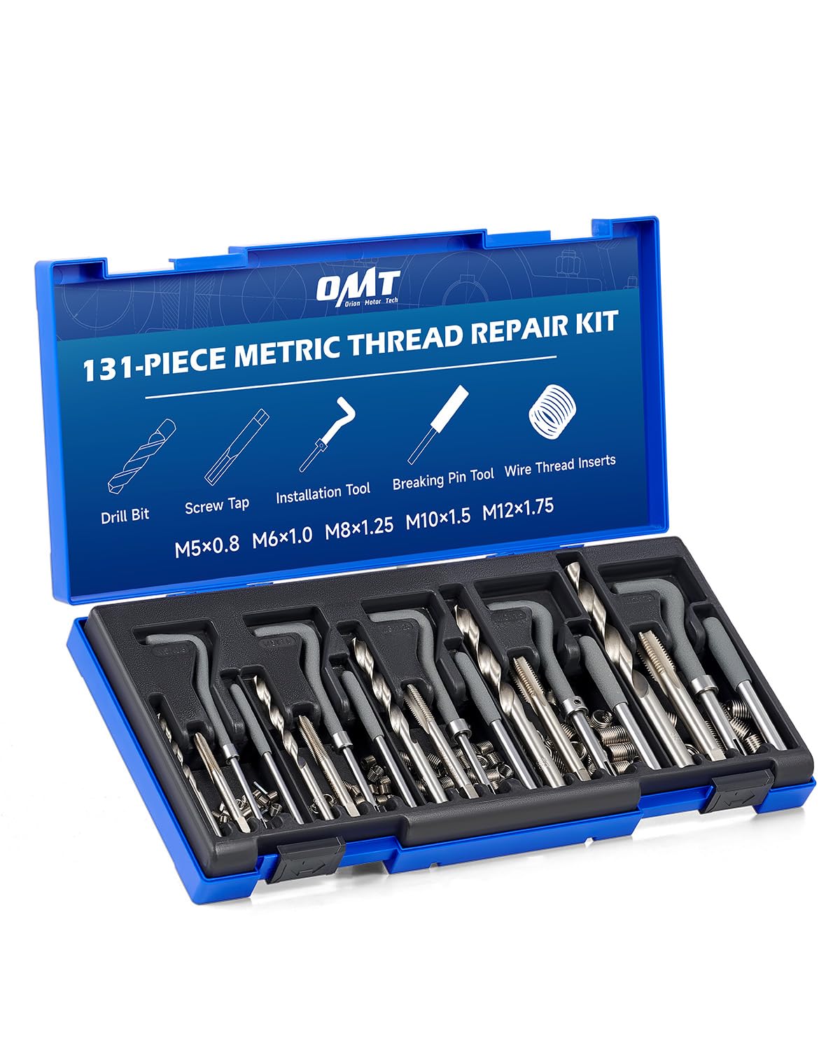 Photo 1 of Orion Motor Tech Thread Repair Kit, Metric Helicoil Repair Kit with HSS Drill Bits Thread Inserts Taps Breakoff Installation Tools, Portable Rethreading Tool Kit in M5 M6 M8 M10 M12 Sizes