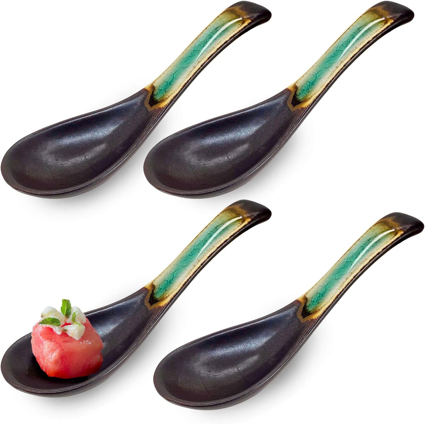 Happy Sales HSSPGYBL4, Japanese Style Chinese Ceramic Soup Spoons 4 pc