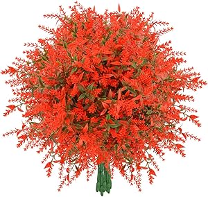 Artificial Lavender Flowers, 8 Bundles Orange Red Fake Flowers UV Resistant No Fade Faux Plastic Bouquet Plants Fall Decor for Home Wedding Garden Porch Window Box Decor Autumn Decor