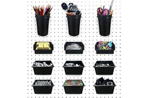 Dobures Pegboard Bins PegBoard Cups with Hooks & Loops 12 Pack Set, Pegboard Hooks Assortment Organizer Accessory. Fit for 1/8" and 1/4" pegboards with 1" spacing.