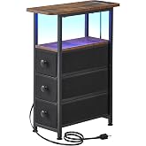DALEMHOME Narrow End Table with Charging Station, Narrow Side Table with Drawer, Small Nightstand with LED Light, Skinny Nightstand, Small Bedside Table for Living Room, Bedroom, Couch, Rustic Brown