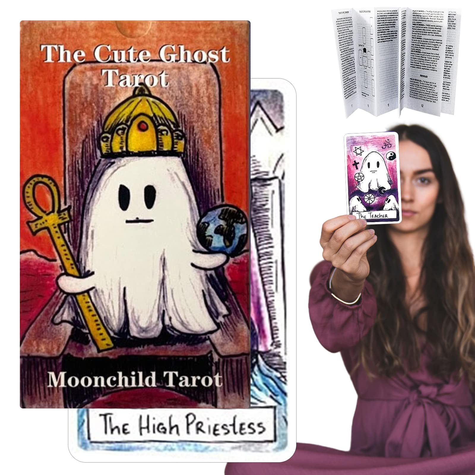 mrdiyshisha Cute Ghost Tarot Deck, 79 Funny Tarot Cards Based on Rider Waite Smith System, Guidebook Included for Beginners (2.75