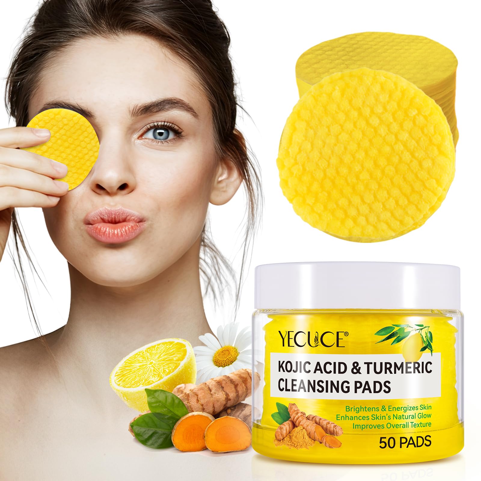 Kojic Turmeric Cleansing Pads-50pcs Turmeric Deep Cleansing Pads,Exfoliating Face Scrub Pads for Oil Makeup Dead Skin Clogged Pores -Alcohol-Free-Gently clean for Sensitive Skin