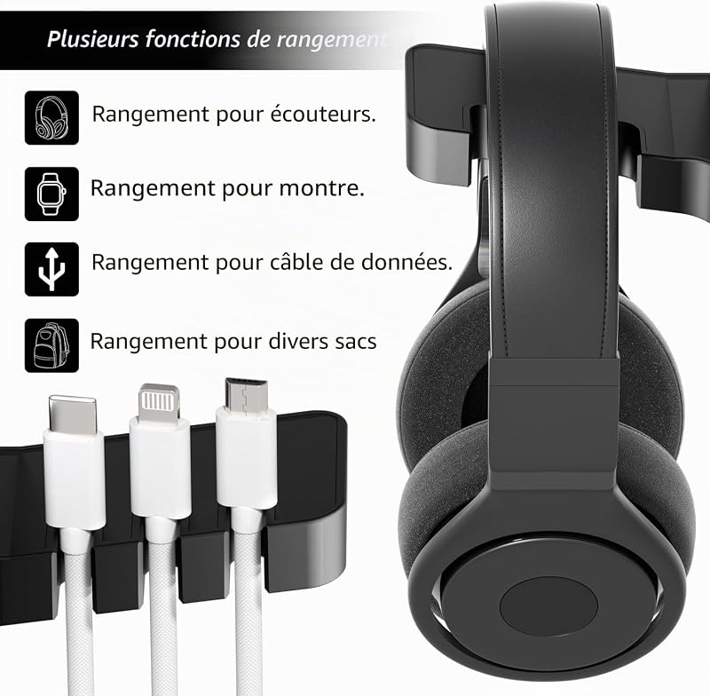 Support double pour casque intelligent et casque avec fonction de charge USB à 3 ports (20 W PD & QC3.0) pour sous le bureau, support autocollant pour casque de jeu